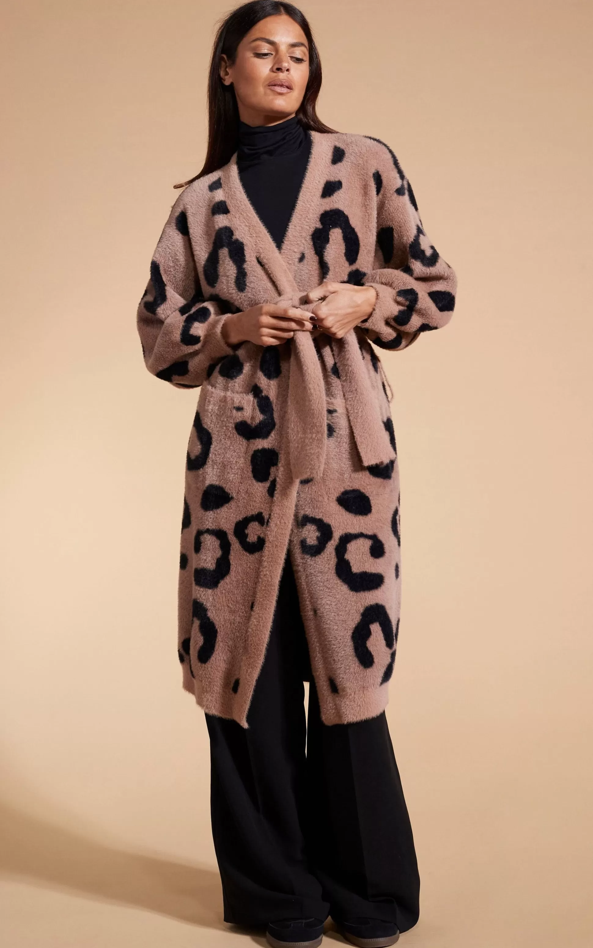 Knitwear*Dancing Leopard Coco Wrap Cardigan In Black On Mocha Leopard