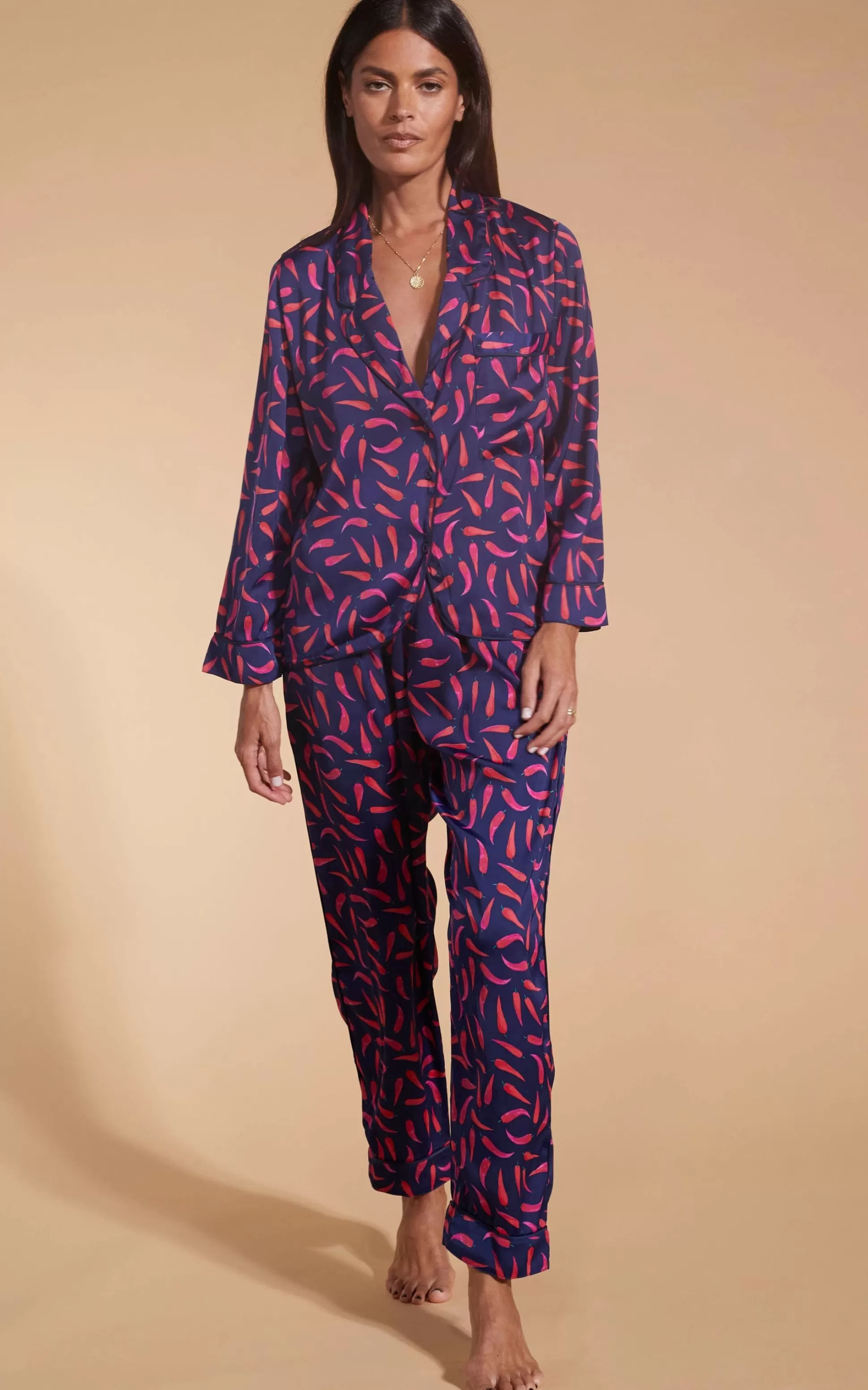 Pyjamas*Dancing Leopard Cosmos Satin Long Leg Pj Set In Chilli Pepper