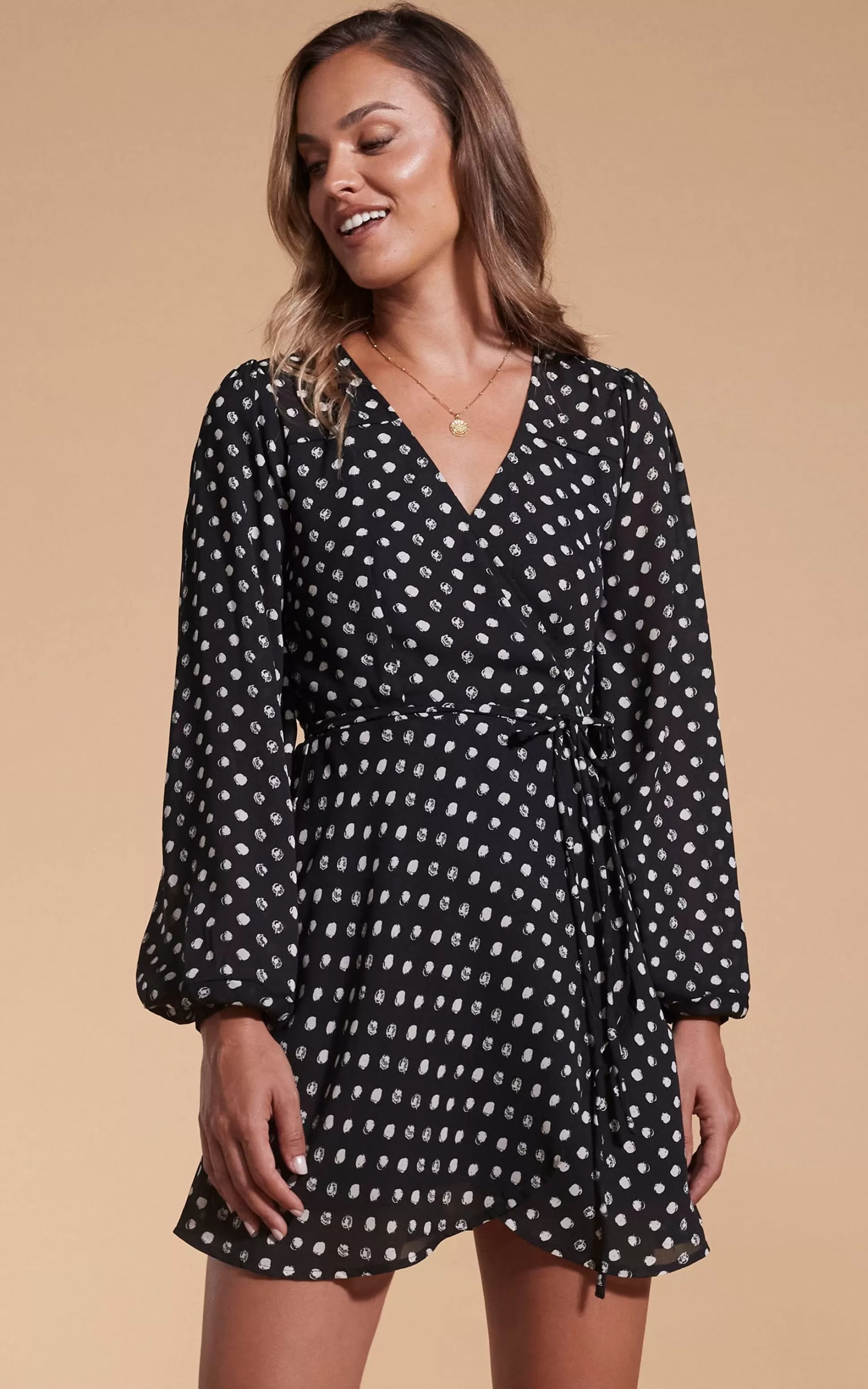 Dresses*Dancing Leopard Ginger Mini Wrap Dress In Black Polka Dot