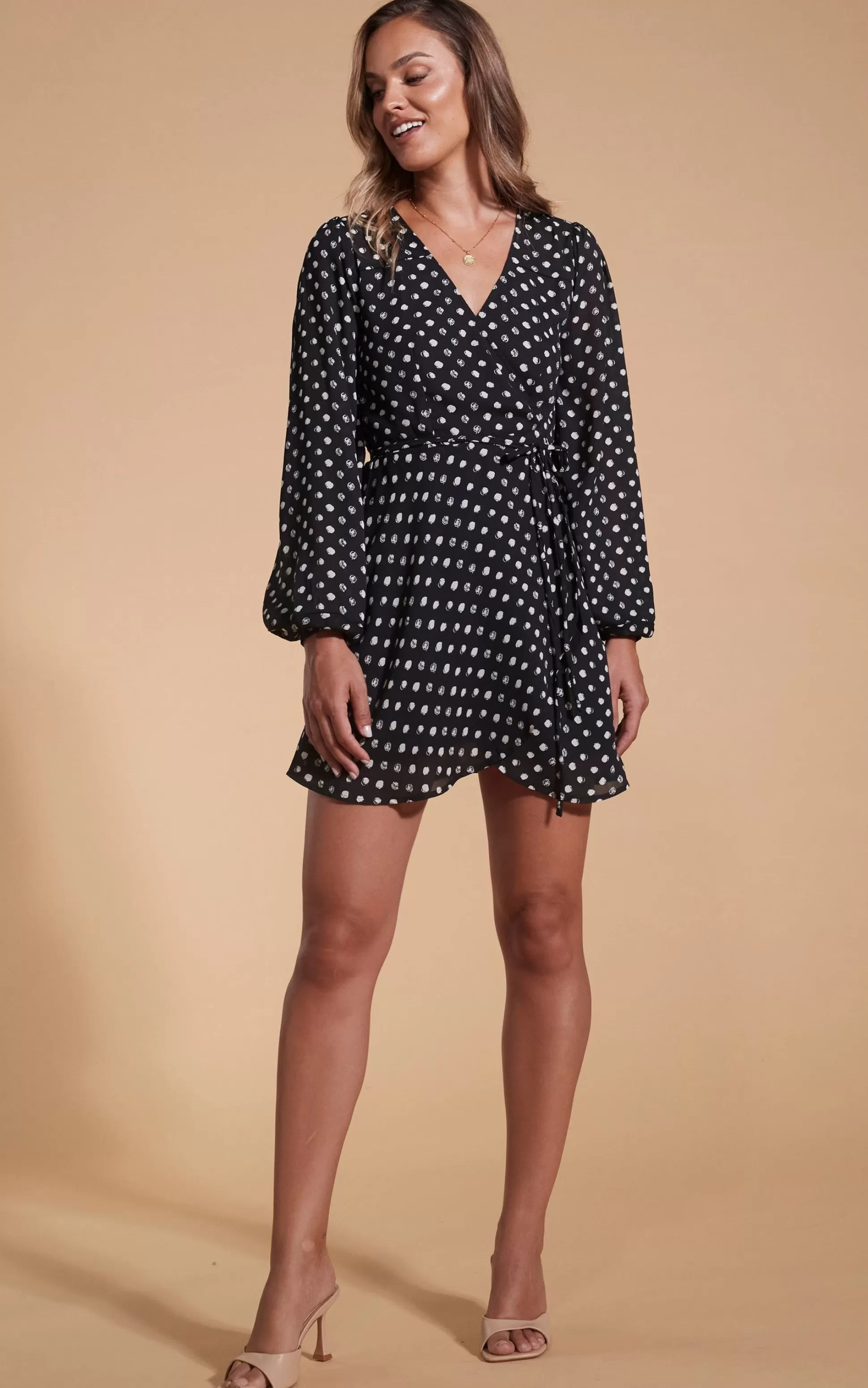 Dresses*Dancing Leopard Ginger Mini Wrap Dress In Black Polka Dot