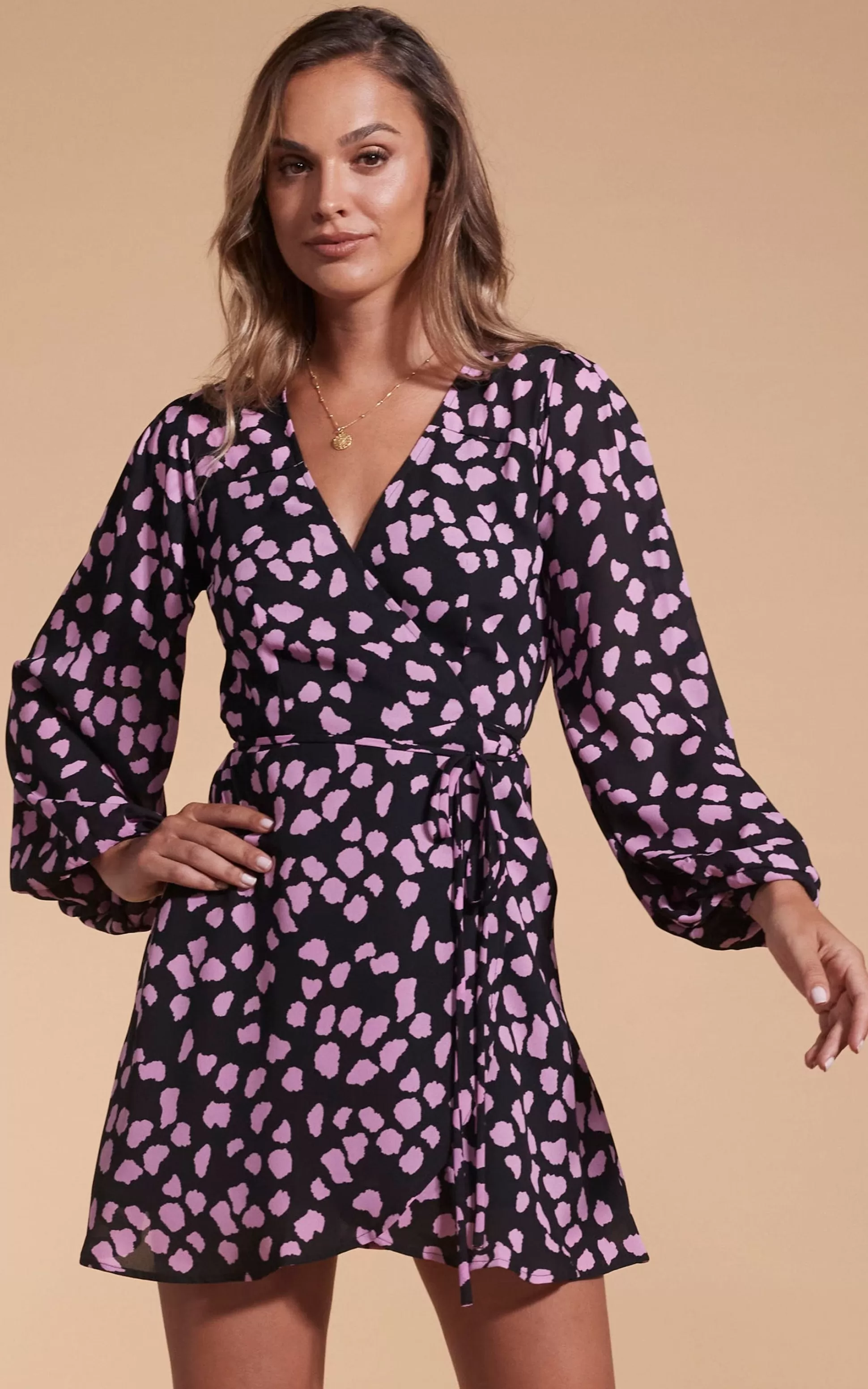 Dresses*Dancing Leopard Ginger Mini Wrap Dress In Pink On Black Cloud