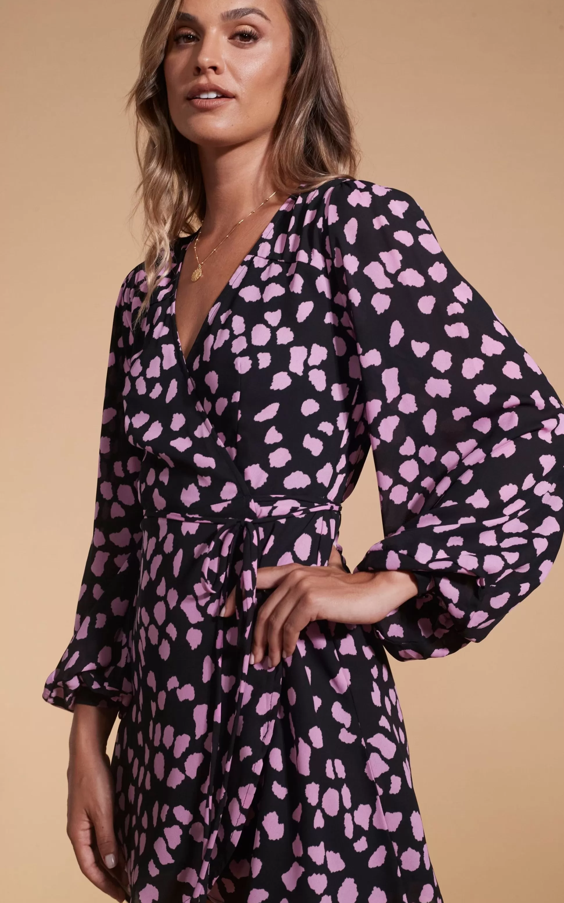 Dresses*Dancing Leopard Ginger Mini Wrap Dress In Pink On Black Cloud