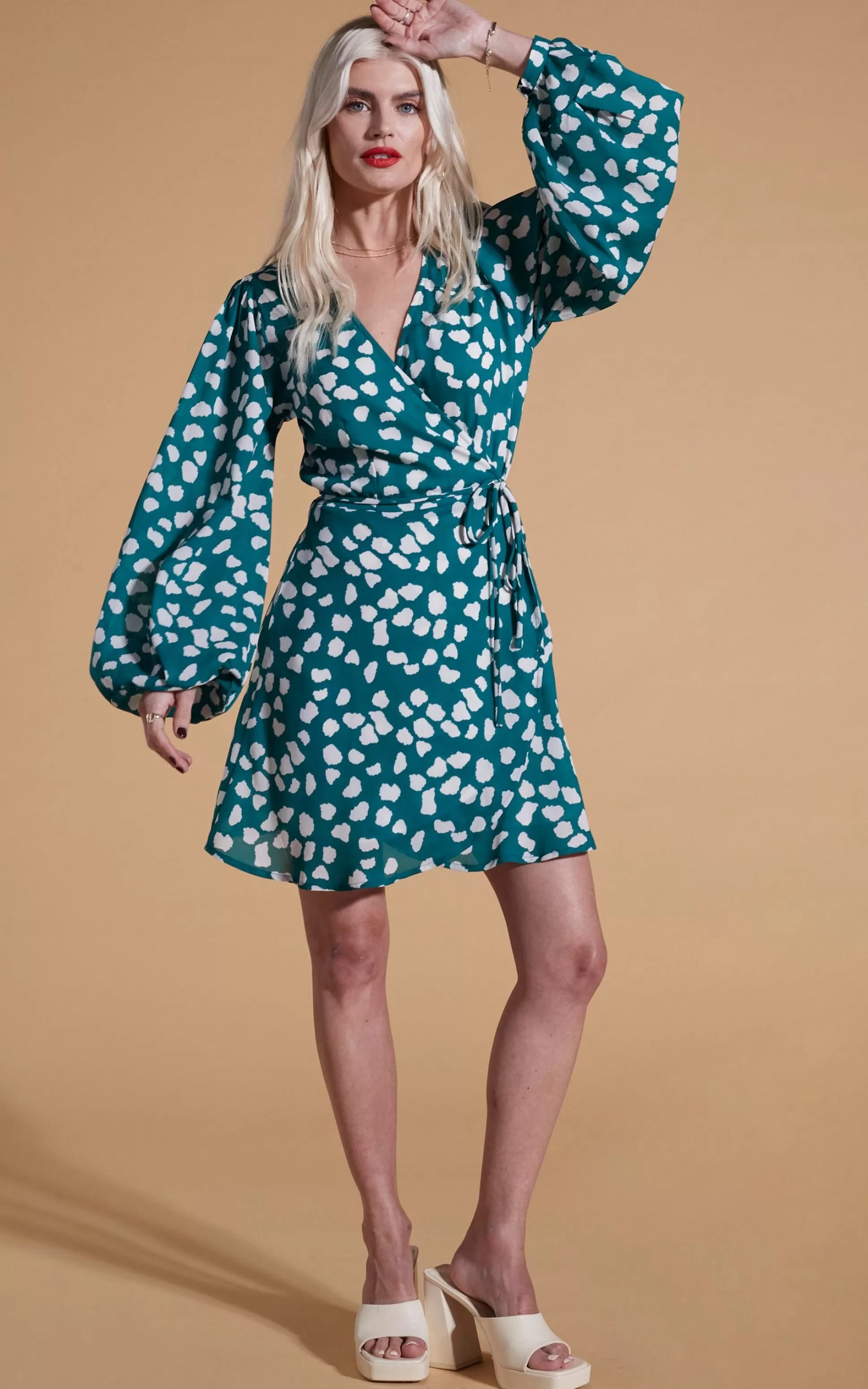 Dresses*Dancing Leopard Ginger Mini Wrap Dress In White On Green Cloud