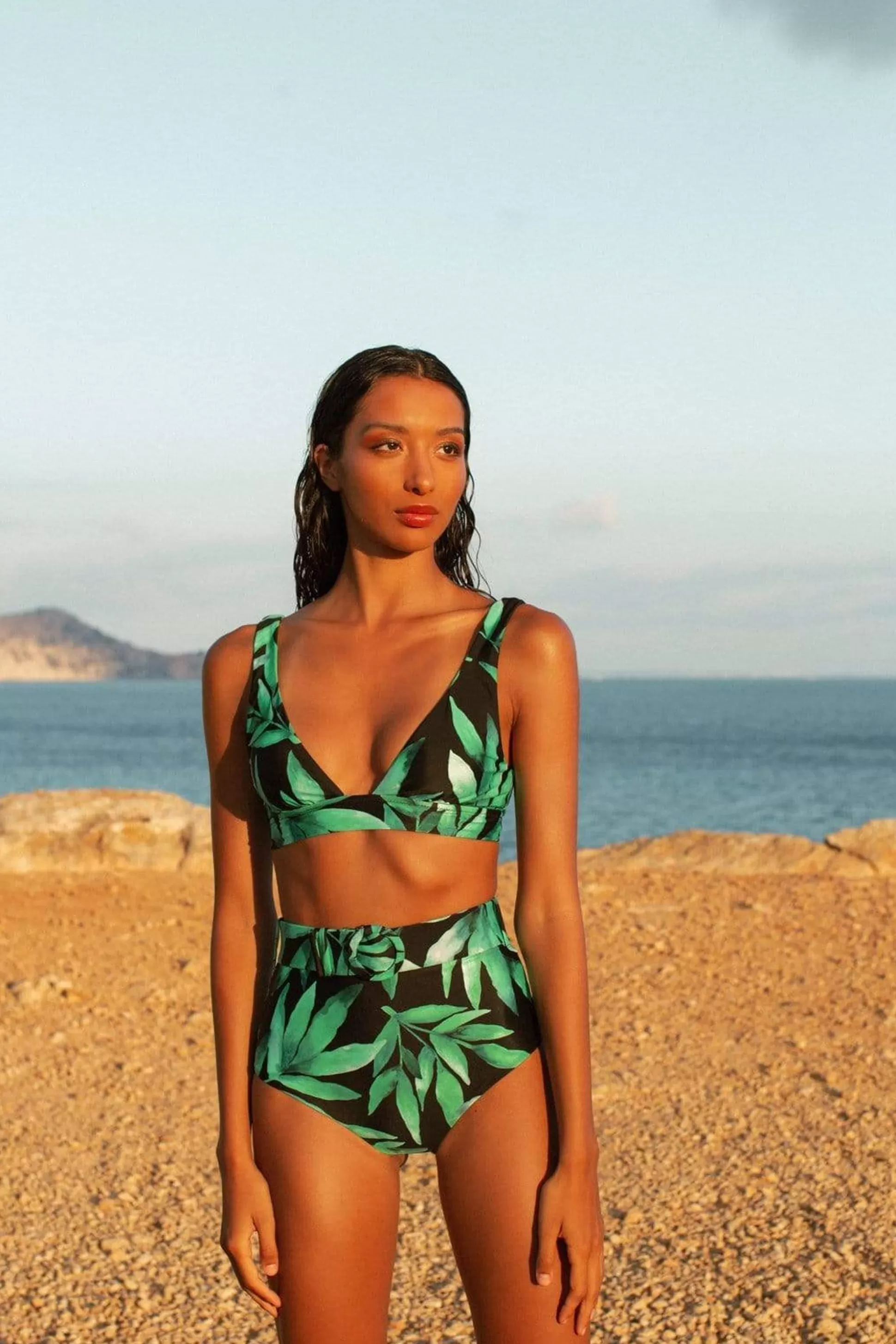 Swimwear*Dancing Leopard Halo Tamika Bikini Vest Top In Watercolour Green Leaf