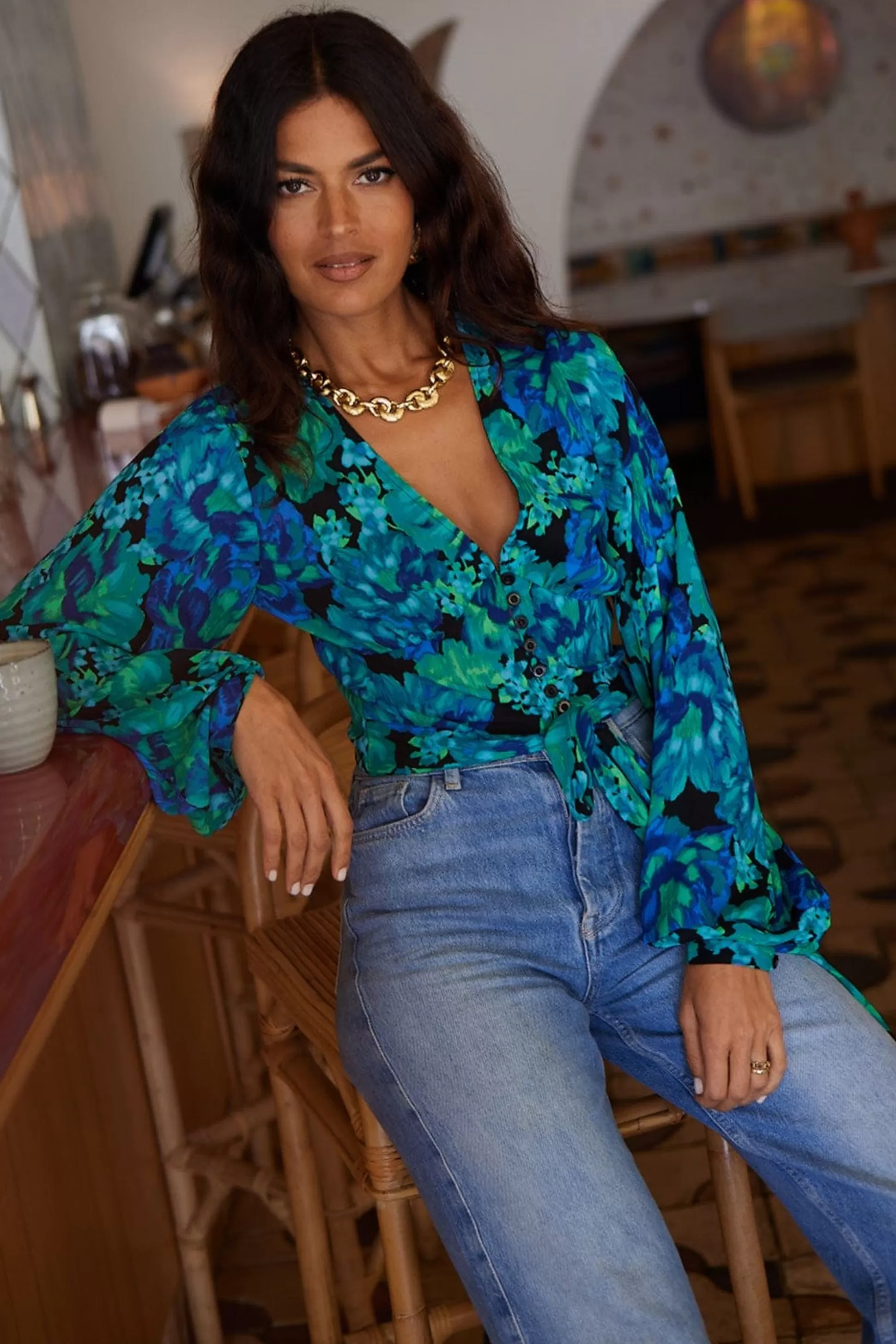 Tops*Dancing Leopard Joanie Tie Top In Blue & Green Floral