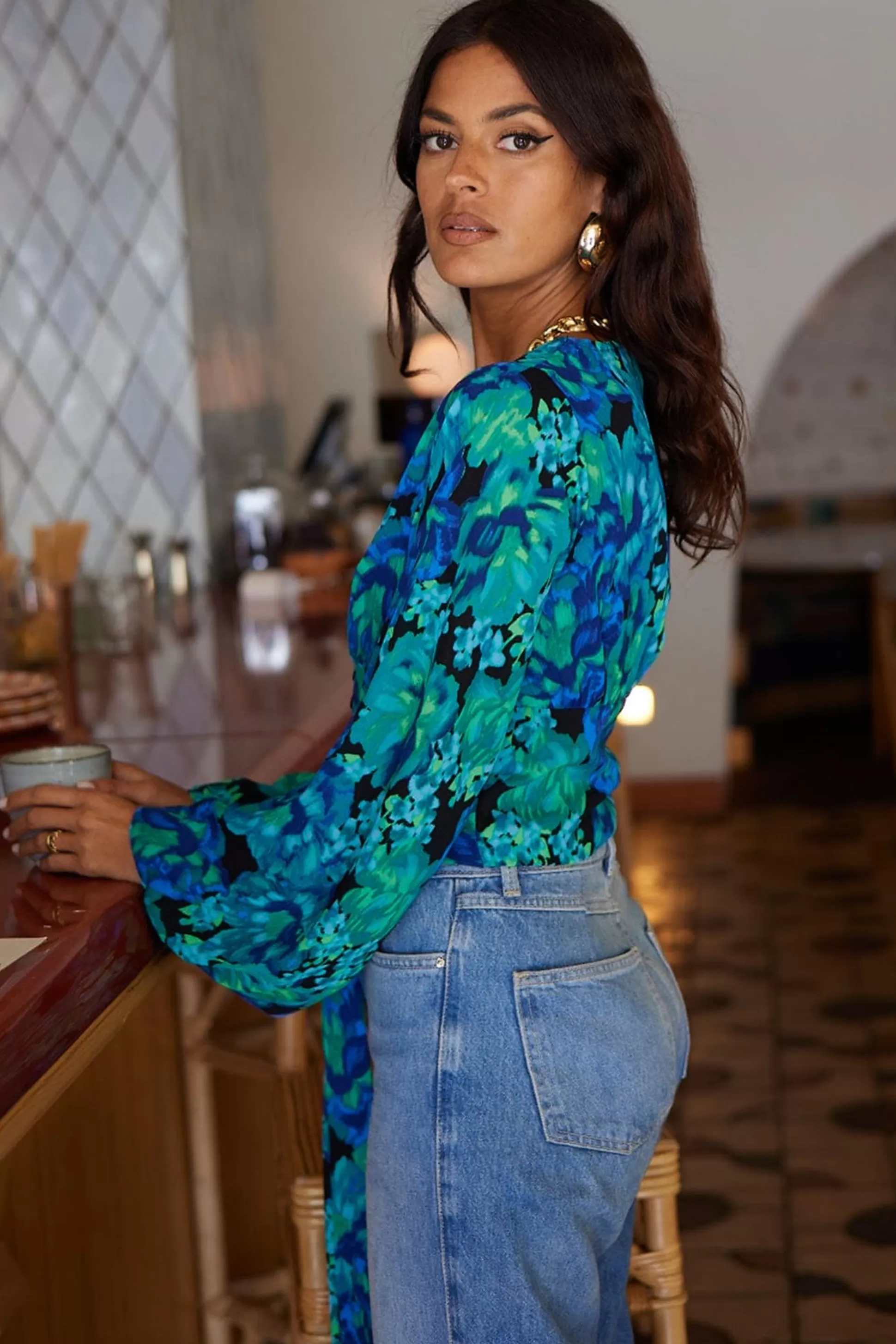 Tops*Dancing Leopard Joanie Tie Top In Blue & Green Floral