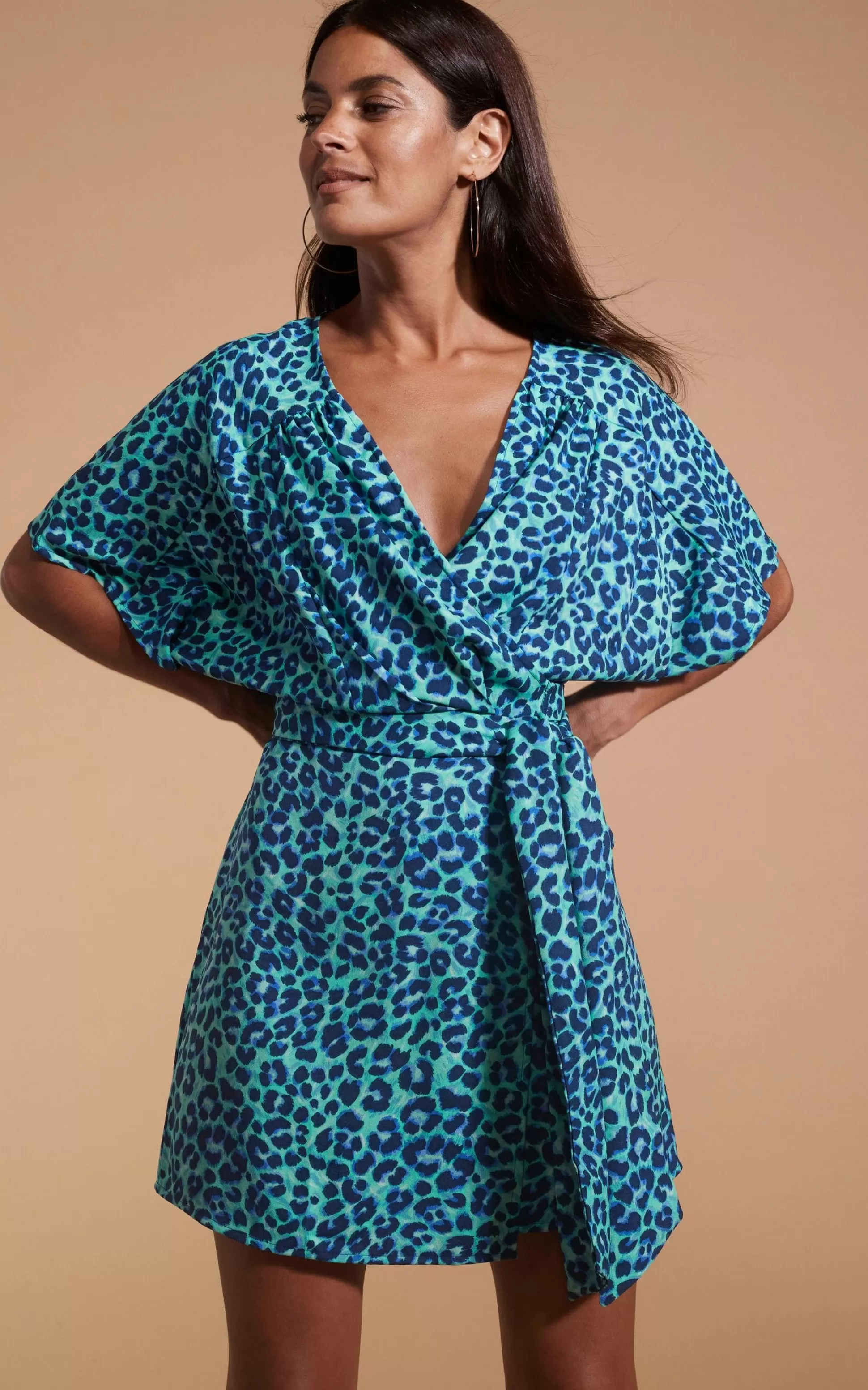 Dresses*Dancing Leopard Kansas Mini Wrap Dress In Turquoise Leopard