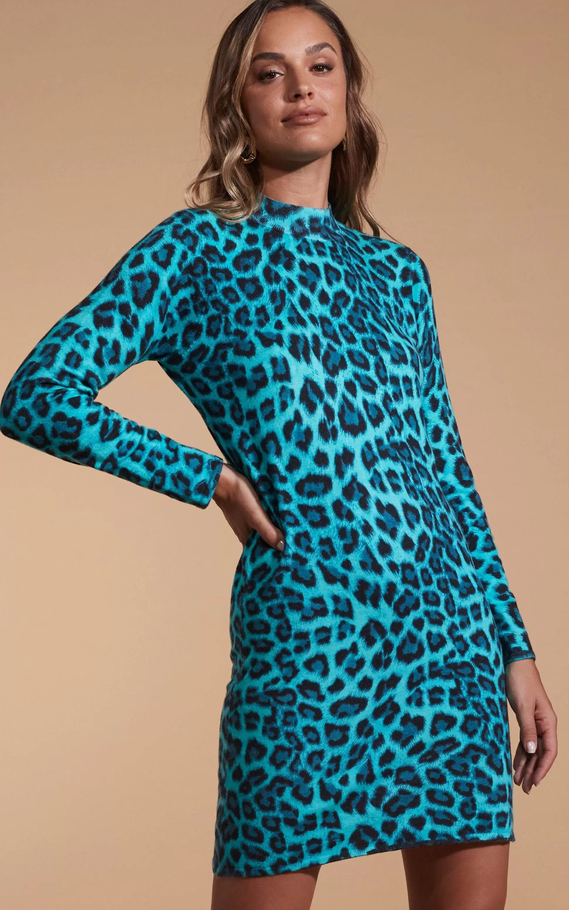 Knitwear*Dancing Leopard Lynx Slouchy Mini Dress In Green Leopard