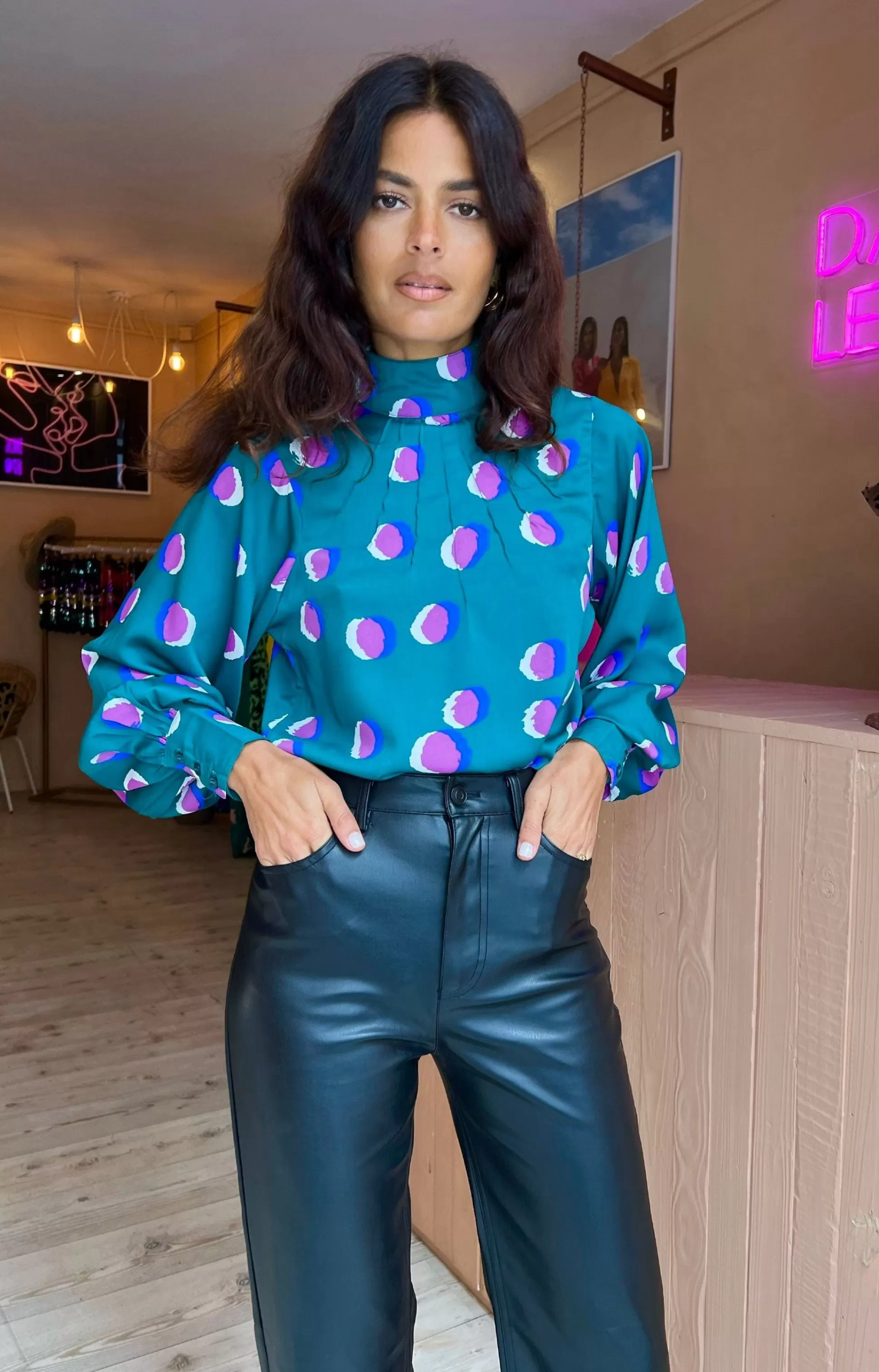 Tops*Dancing Leopard Margo Pintuck Blouse In Polka Dot Purple On Green