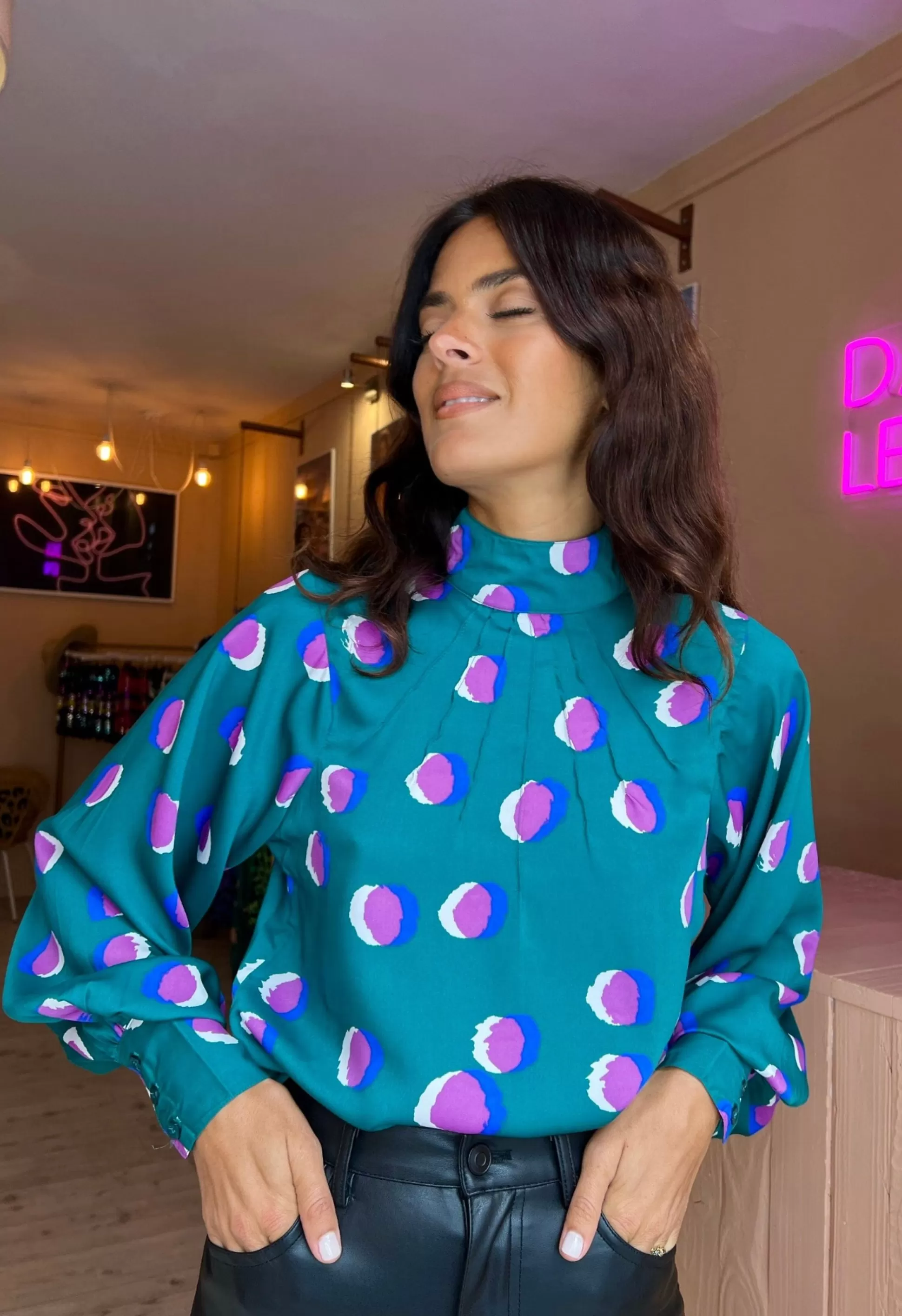 Tops*Dancing Leopard Margo Pintuck Blouse In Polka Dot Purple On Green