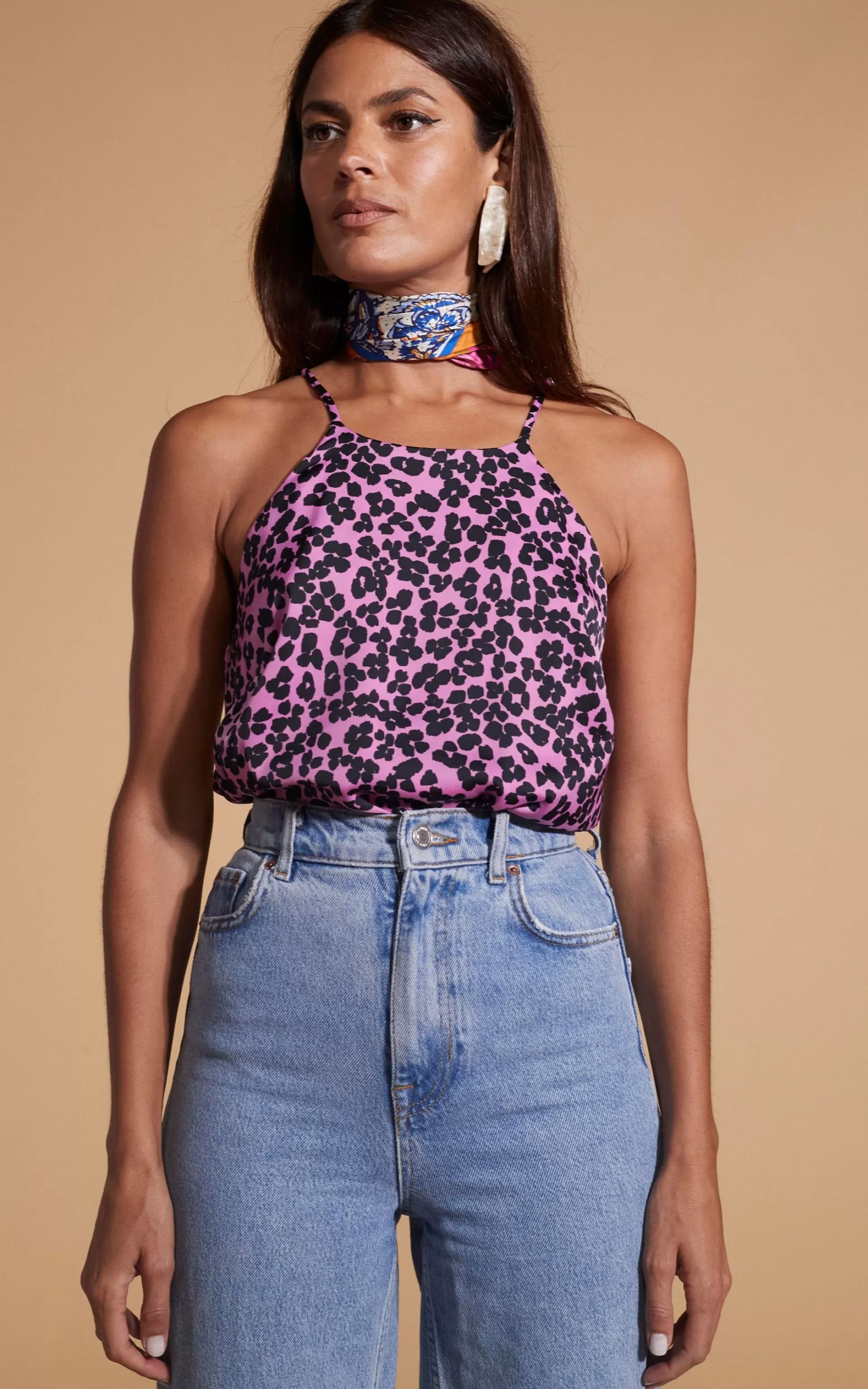 Tops*Dancing Leopard Nina Halter Cami Top In Black On Pink Leopard