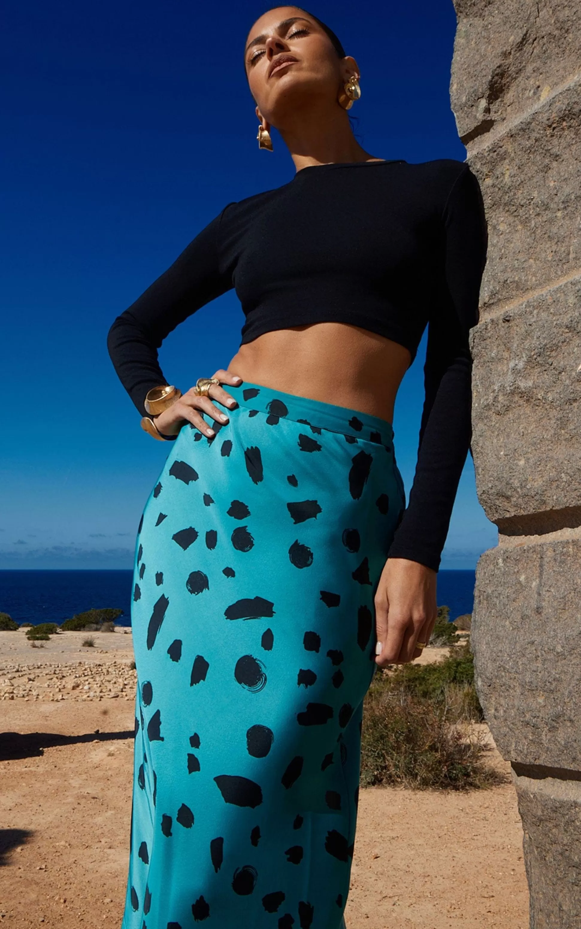 Skirts*Dancing Leopard Renzo Skirt In Abstract Dot Black On Teal