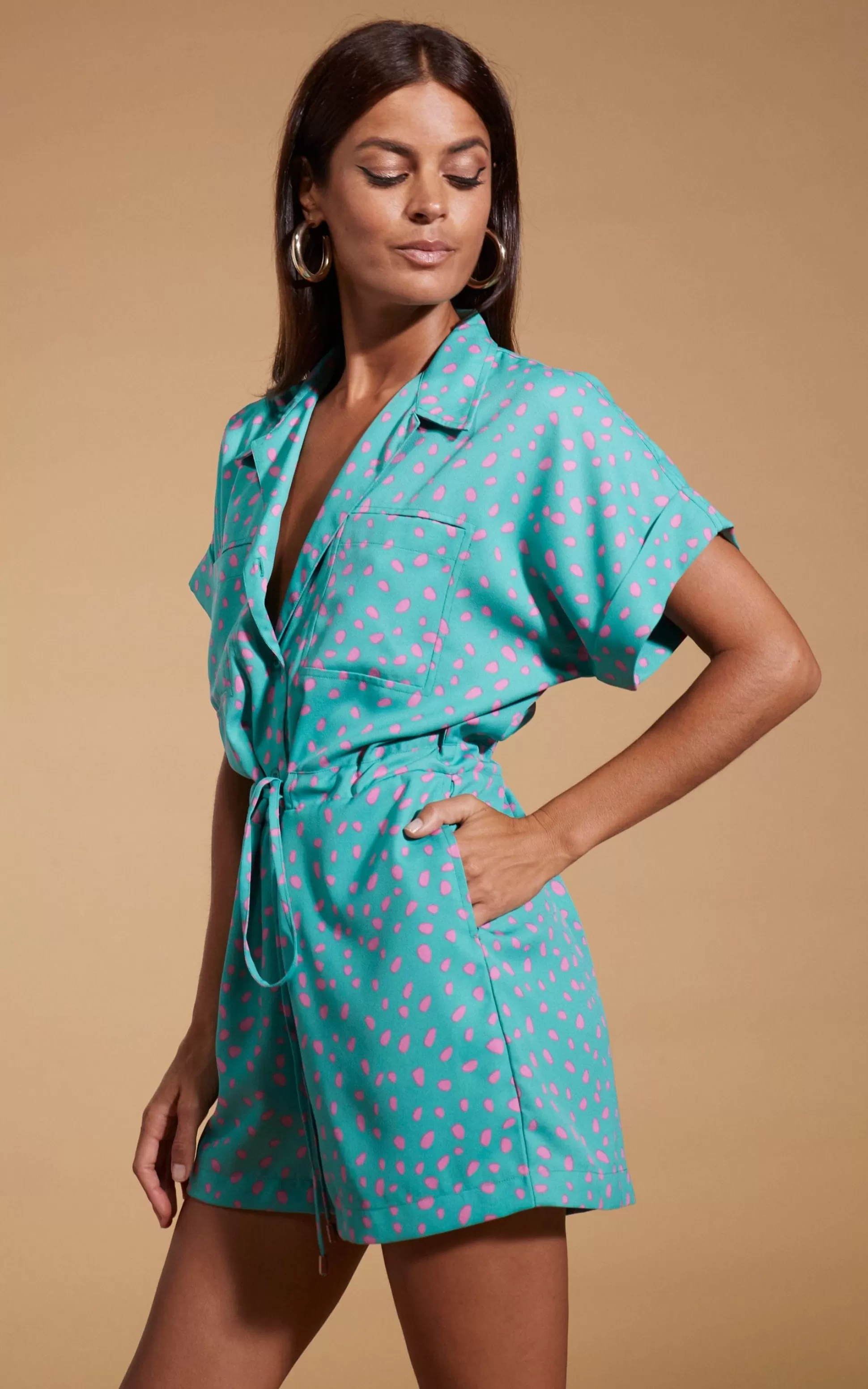 Playsuits*Dancing Leopard Rizzo Shirt Playsuit In Abstract Pink On Sea Green