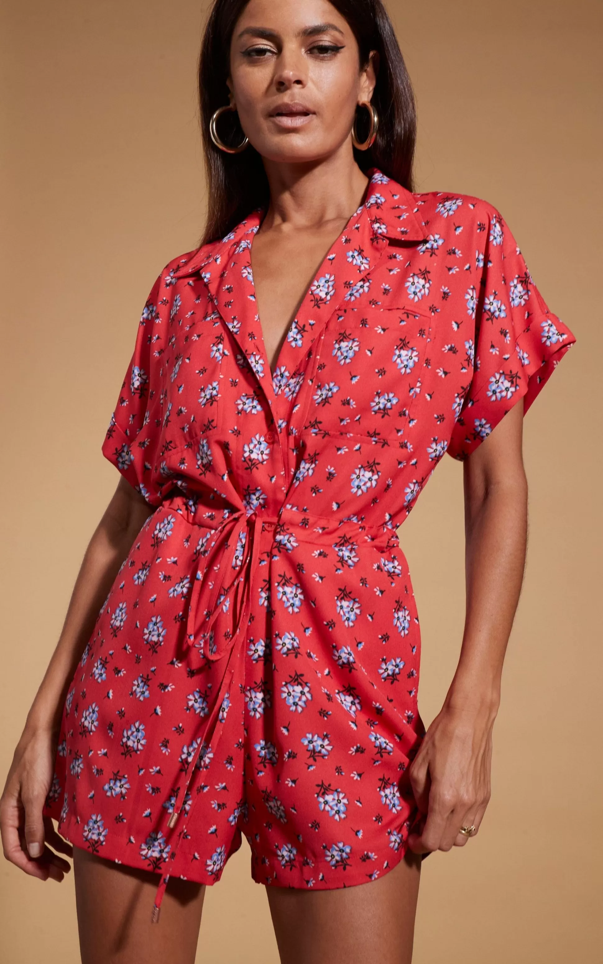 Playsuits*Dancing Leopard Rizzo Shirt Playsuit In Red Daisy