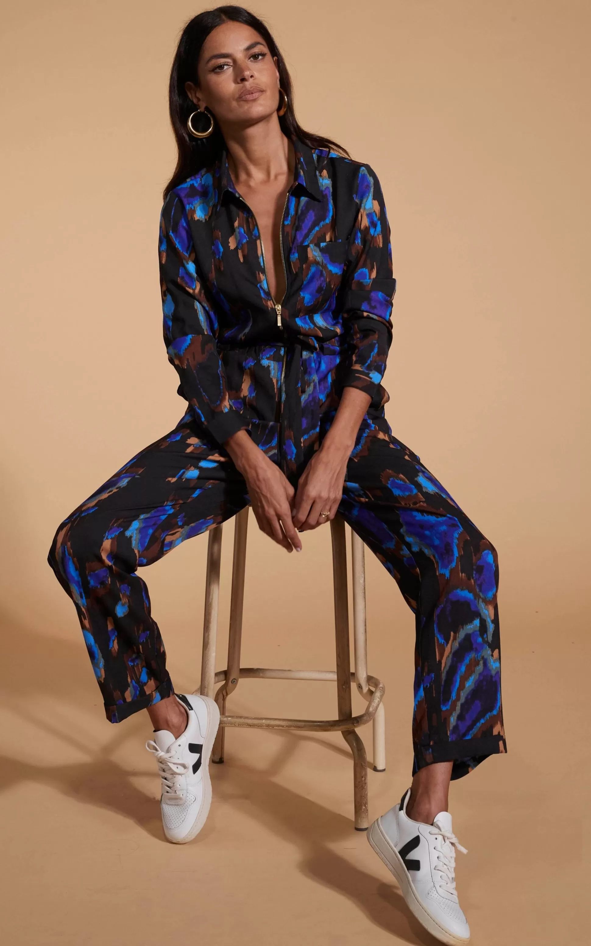 Jumpsuits*Dancing Leopard Roxanna Zip Jumpsuit In Camo Abstract Blue On Black