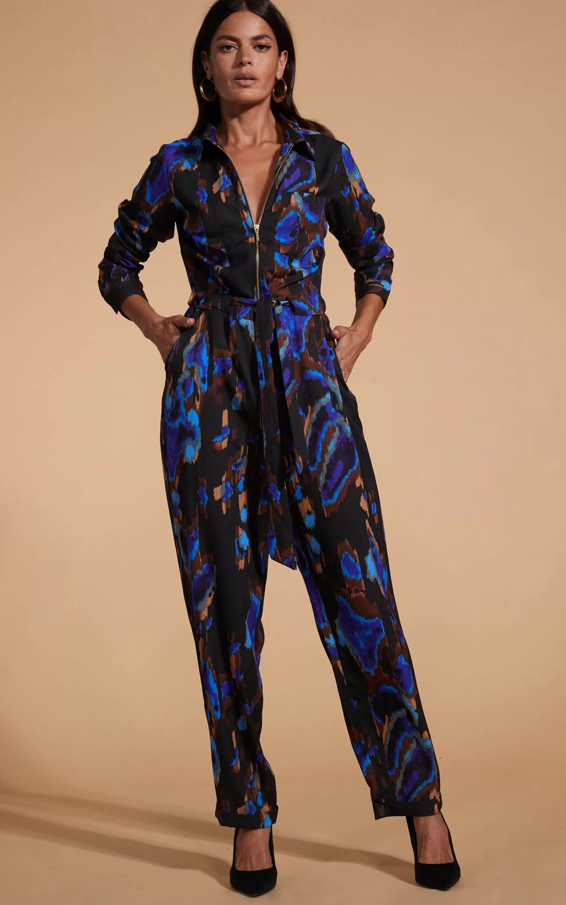 Jumpsuits*Dancing Leopard Roxanna Zip Jumpsuit In Camo Abstract Blue On Black