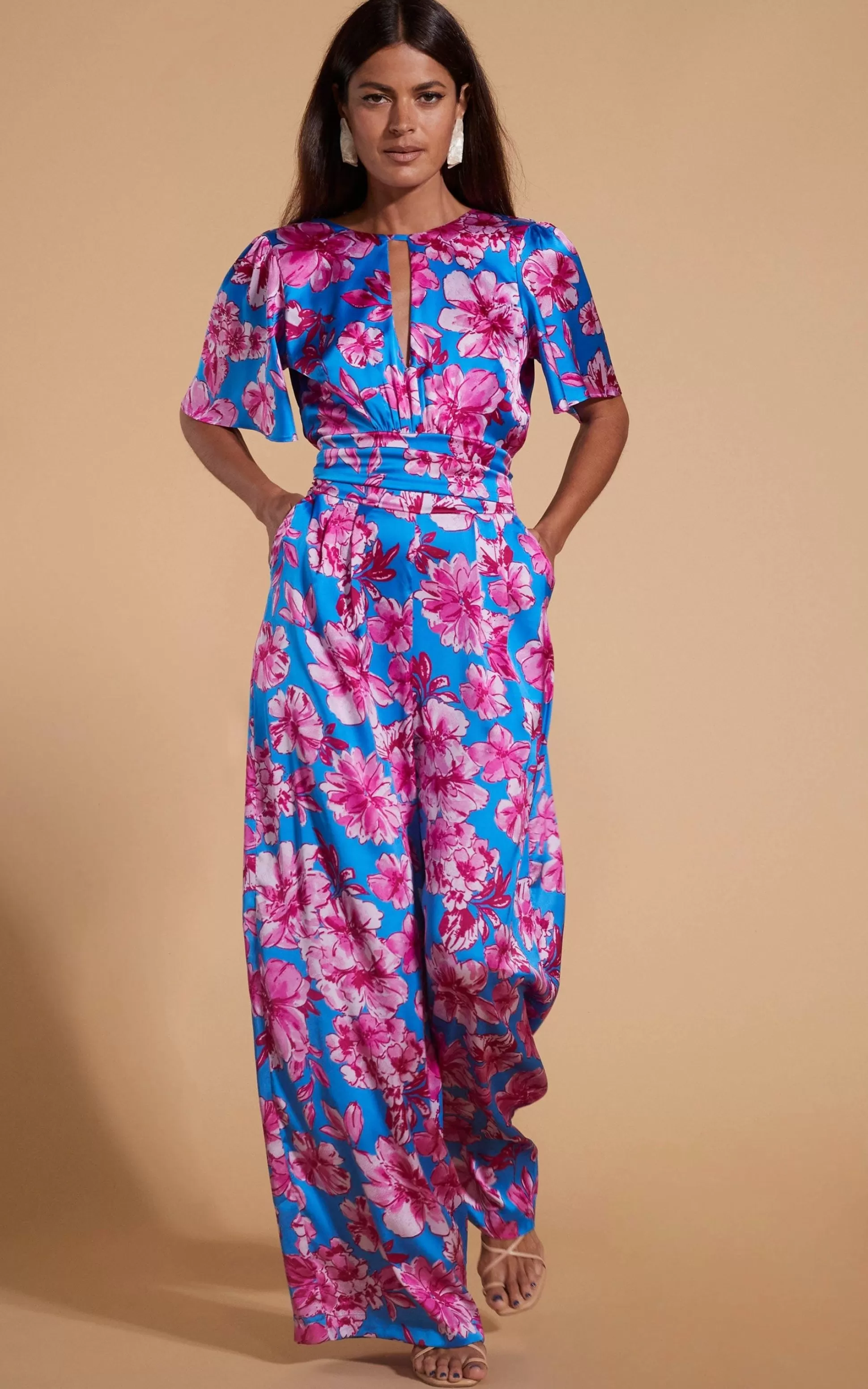 Jumpsuits*Dancing Leopard Savannah Jumpsuit In Pink On Blue Floral