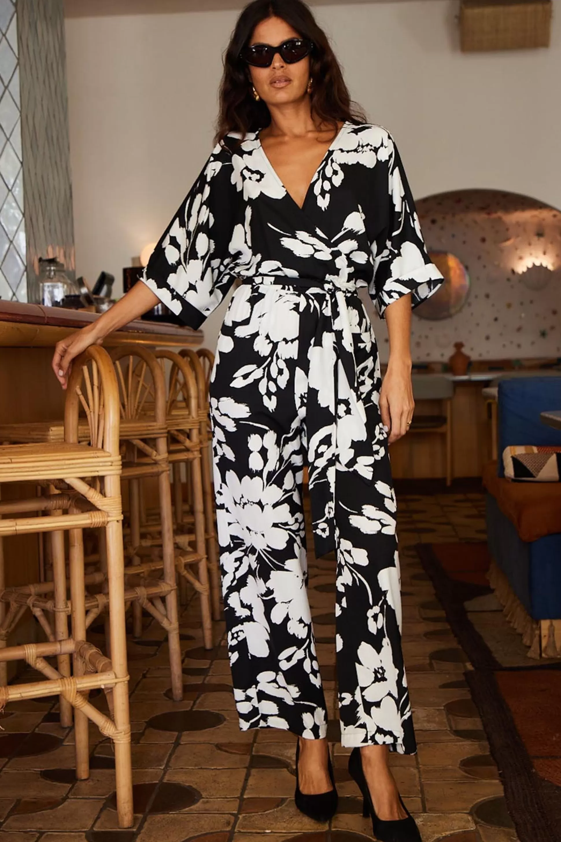 Jumpsuits*Dancing Leopard Winona Kimono Jumpsuit In White On Black Floral